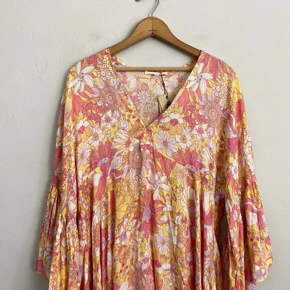 Label of Love Mini Dress Women Size Medium Pink Floral Babydoll Bell Sleeves New - Picture 2 of 16